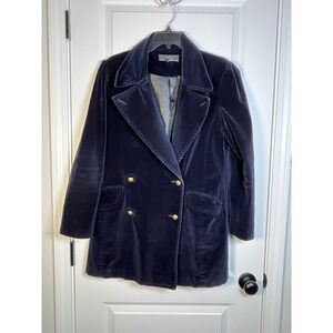 Basement Collection Navy Blue Velvet Double Breasted Blazer Gold Buttons Medium